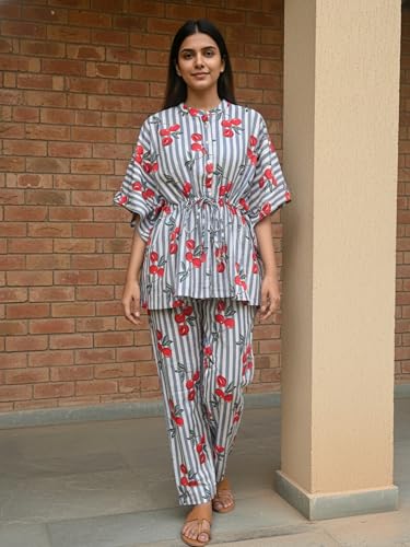 Image of Cotton Floral Printed 2 Piece Night Suit Top & Pajama Set for Women & Girls