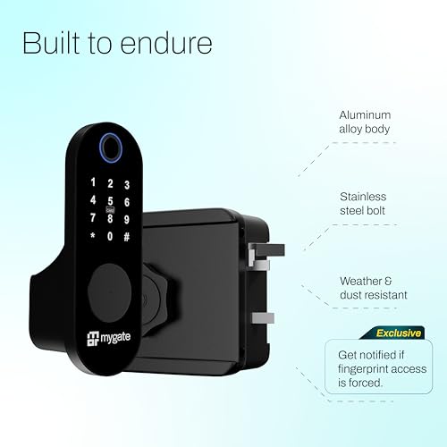 Image of Mygate Smart Lock Edge | Digital Rim Lock for Wooden & Metal Doors | 20-65mm Thickness | 6-in-1 Unlock - Fingerprint, PIN, RFID, App, OTP & Manual Key | Remote Unlock via OTP | 2-Year Brand Warranty