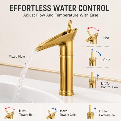 Image of ZAP Antique Lavatory Vanity Basin Mixer Tap Bathroom Faucet with Waterfall Spout Bath Sink Faucets Single Handle One Hole Solid Brass - Brushed Gold