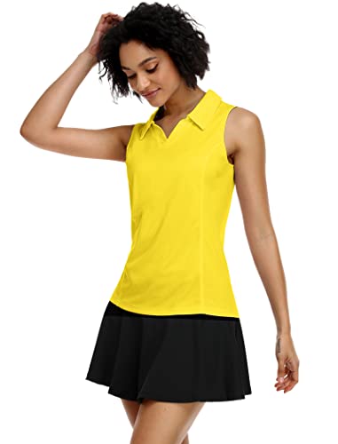 Coorun Golf Polos For Women Sleeveless Tennis Shirts Quick Dry Golf T Shirt Collared V Neck Active Polo Shirts,Yellow Xl #TOP1