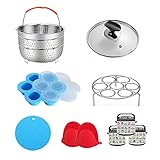 ULEE 7-Piece Accessories Compatible with Instant Pot 3 Qt - Including Steamer Basket, Tempered Glass Lid, Silicone Stretch Lid, Egg Rack, Oven Mitts, Magnetic Cheat Sheet and Spoon Rest