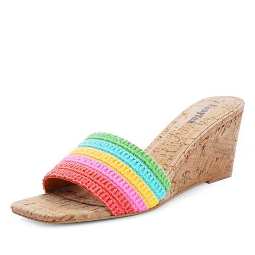 Easyfox Wedge Sandals for Women Open Toe Wedge Heels Womens High Heel Sandal Square Toe Heeled Wedge Sandals Wood Grain Slip on Wedge Mules