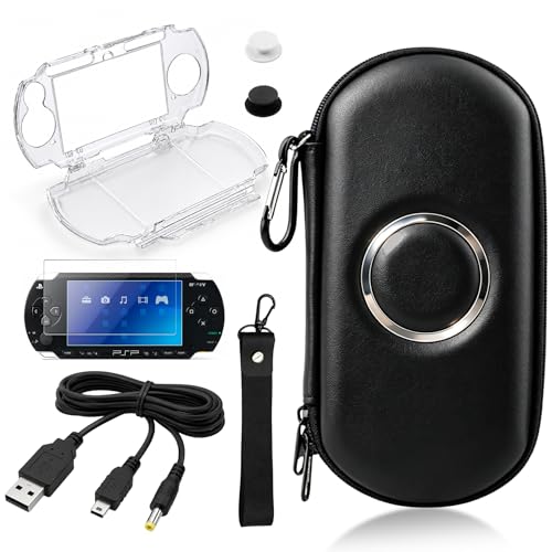 7-in-1 Accessories Kit for PlayStation Portable 2000/3000-Black Carrying Case with Screen Protector crystal protective cover 2 joystick caps charging Cable & wristband hanging rope