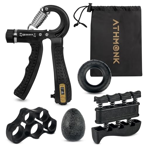 Athmonk Essential Hand Gripper Kit - Hand Exercise Physiotherapy Equipments - Finger Strengthener & Stretcher - Stress Buster Gripper Ball - Adjustable Hand Gripper - Hand Grip Donut Ring - 5 Pcs Set