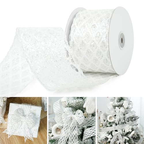MAYREEL White Mesh Wired Ribbon 2.5 Inch 10 Yards