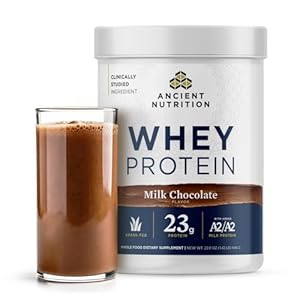 Ancient Nutrition Grass Fed Whey Protein, Milk Chocolate, 23g Protein, 20 Servings, Hydrolyzed Collagen Peptides, Organic Regenerative A2/A2 Milk Protein