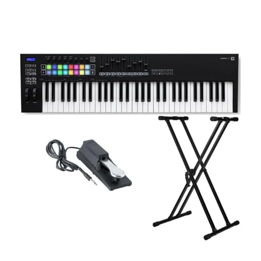 Novation Launchkey MK3 61-Key USB MIDI Keyboard Controller Bundle with Adjustable Double X Keyboard Stand and Sustain Pedal (3 Items)