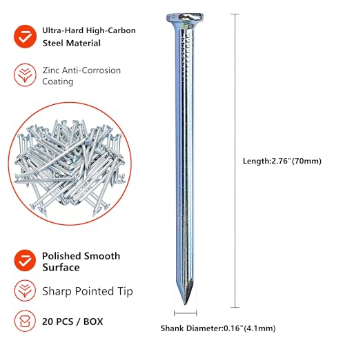Image of 20pcs 2-3 /4 inch Wall Nails,Galvanized Hardware Nails,Good Hardness Masonry Nails for Hanging Pictures,White Zinc Plated Concrete Nails