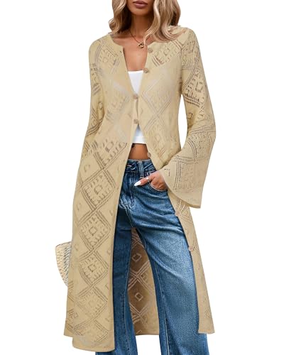 Women's Summer Lightweight Open Front Long Cardigans Crochet Knit Bell Sleeve Button Hollow Out Beach Cover Ups4