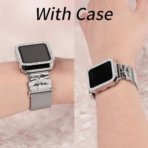 Magnetic Band for Women Compatible with Apple Watch Band 38mm 40mm 41mm 42mm 44mm 45mm 46mm Milanese Stainless Steel Loop with Bling Protective Case, Dressy Metal Strap Replacement iWatch Band