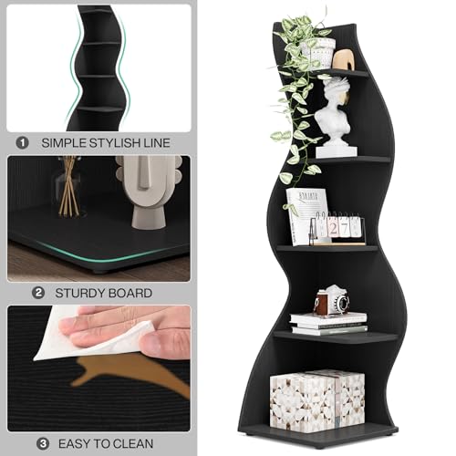 Image of Tribesigns Corner Shelf, Modern 5-Tier Wall Corner Bookshelf, Stylish Corner Small Bookcase Storage Rack Plant Stand with Unique Shape for Living Room, Home Office, (2PCS, Black)