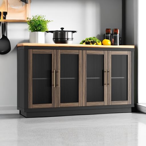 FOTOSOK Buffet Cabinet with Storage, 55.1" Large Sideboard Buffet Table, Modern Sideboard Kitchen Cabinet with 4 Fluted Glass Doors, Wood Coffee Ba for Kitchen Dining Room, Black/Brown image 6 of 9 B0D4QFWLK8