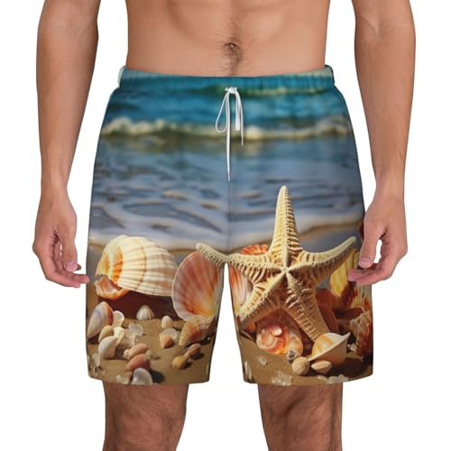 Men's Swim Trunk Quick Dry Swim Shorts with Liner Beach Short Seashells on The Sandy Beach Bathing Suit with Pocket