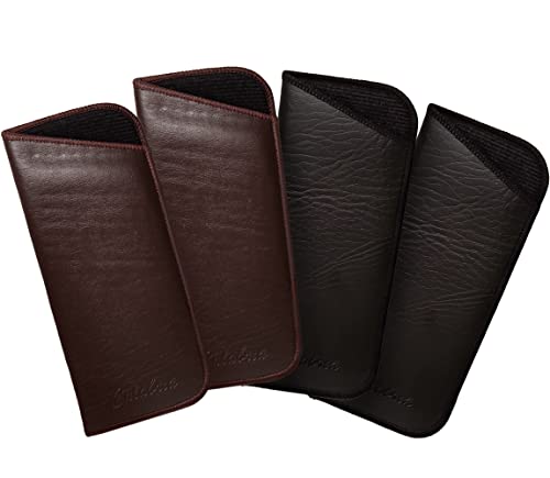 Image of Calabria Slip-In Eye Glasses Case Faux Leather Felt Black Brown 4Pack Men Women Soft Eyeglasses Pouch Sunglasses Holder Bag