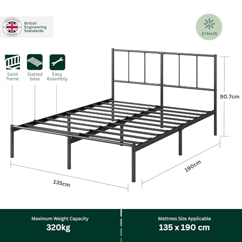 Image of ZINUS Justin Double Bed Frame - Bed 190x135 cm - 35cm Height - Metal Bed Frame with Headboard - Platform bed frame with steel slat support - Modern Design - Easy Assembly - Black