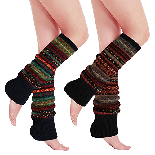 PHOGARY 2 Pairs Winter Leg Warmers for Women, Bohemian Style Crochet Knitted Boot Socks for Girls High Leg Warmers Boot Topper Socks Leg Cuffs Gift for Girls (Black+Navy)