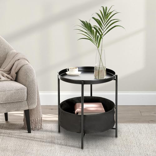 La mejor comparación de Buro Pequeño del mes. 49 ARREDAMENTI Mesa Auxiliar Redonda con Cesta Almacenamiento Tela, Mesa Auxiliar Metal, Mesita Noche Pequeña con Bandeja Extraíble para Sala Estar, Dormitorio, Guardería,...