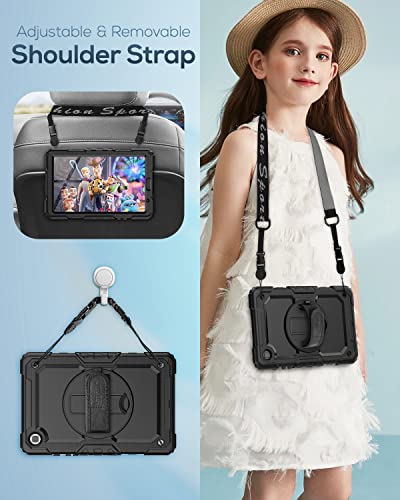 Seymac Samsung Galaxy Tab A7 Lite Case 8.7" (Sm-T220/ T225/ T227), Heavy Duty Full-Body Shockproof Protective Case With Screen Protector, Rotating Stand, Hand/Shoulder Strap For Tab A7 Lite, Black #TOP4