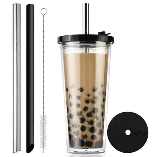 VITEVER Bubble Tea Cup, 24oz Eiskaffeebecher mit Strohhalm und Deckel, Auslaufsicherer Klarer Kunststoff Bubble Tea Tumbler, Doppelwandiger isolierter Smoothie Becher, schwarz