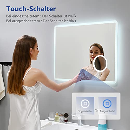 Meykoers Wandspiegel, badkamerspiegel, LED-badkamerspiegel met verlichting, 90 x 70 cm, spiegel met vergroting, touch-schakelaar, klok, anti-condens, lichtspiegel, koudwit 6400 K - Image 3