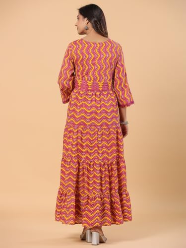 Image of SAVI Women's Pink Cotton Printed Tiered Maxi Dress | Round Neck | 3 /4 Sleeves | Gathered Waist | Flared Long Dress | Casual & Ethnic Wear