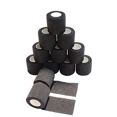 Needlehouse Tattoo Grip Tape Wrap Cover Tattoo Bandage 12pcs 2 Inches x 5 Yards Disposable Cohesive Nonwovens Elastic Movement Self-Adhesive (12 Rolls, 2-Inches Black)