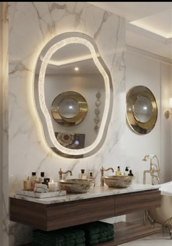 Image of Alfa Design Irregular 28x20 Inch Diamond Wall Mounted LED Backlit Mirror | Touch Sensor 3 Light Modes (Warm, Natural & Cool White) | for Bathroom Vanity Mirror, Washbasin, Farmhouse & Bedroom