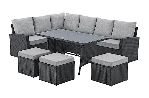 EVRE 9 Seat Marilyn Corner Sofa & Dining Rattan Garden Furniture Set for Indoor Outdoor Patios Gardens Conservatories (Black)