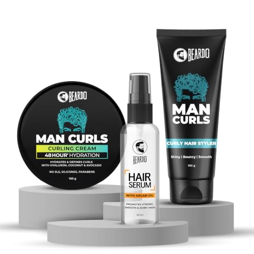 Image of Beardo Man Curls Triple Styling Power Kit: Curling Cream (100g), Hair Styler (100g) & Hair Serum (50ml) - Professional Men's Curly Hair Solution for Maximum Hold & Shine (Set of 3)