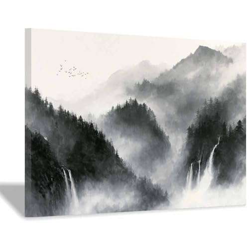 Toile cascade de montagne brumeuse XENIOU 60x90cm encadrée