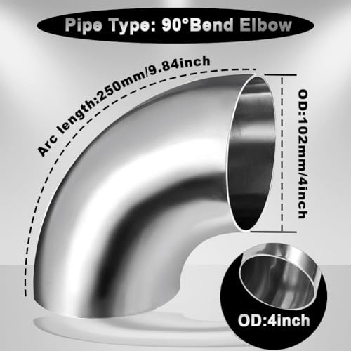 Cotonlake Stainless 4 Inch 90° Mandrel Bend Elbow, SS304 Stainless Steel Bend Tube 90 Degree Exhaust Elbow Pipe - Thickness 16GA/0.65\" for Car Modified Exhaust System, Stair Handrail (1 pcs)