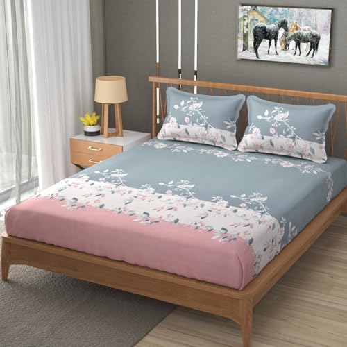 Image of Vram Premium Heavy Cotton Elastic Fitted Bedsheets with 2 King Size Pillow Covers || Double Bed with All Around Elastic 350 TC || 72 x 78 x 10 Inch King Size Fitted || :- Pink Tricolor