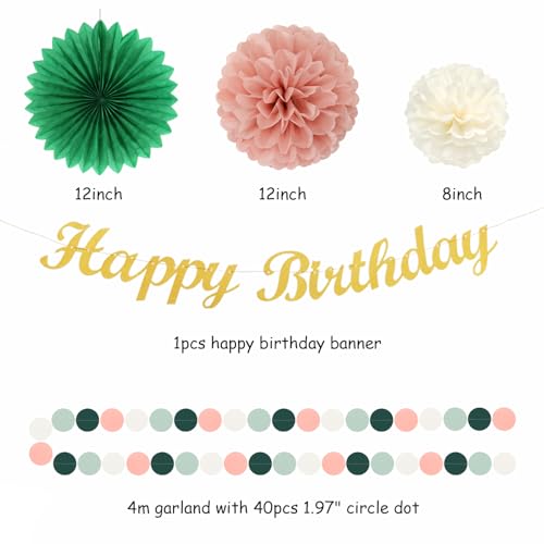 Image of Sage-Green Pink Birthday Party-Decorations Paper-Flowers - 14pcs Happy Banner Spring Lanterns Tissue Pom Poms,Boho Streamers Garland Fans,Neutral Rustic Garden Office Hanging Supplies Decor Hugfond