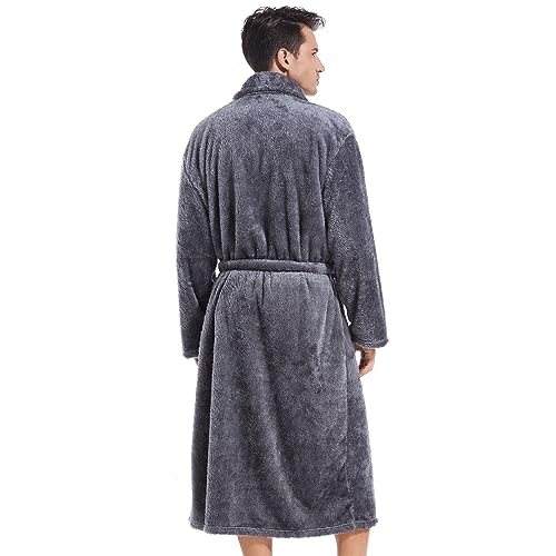 Inner Wish Mens Plush Fleece Robe, Cozy Warm Bathrobe Fuzzy Male Spa Long Robe With Pockets (DARK GREY) - Image 4