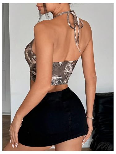 OYOANGLE Women's Camo Print Halter Camisoles Deep V Neck Backless Y2K Fitted Crop Tops2