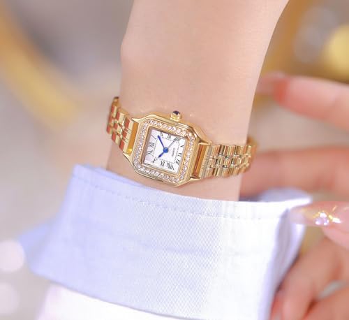 Elegant Gold Square Diamond-Accent Watch for Women - Luxurious Stainless Steel Business Casual Timepiece - Image 2