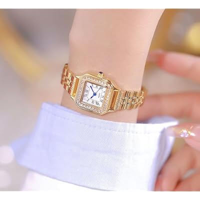 Gold Watches for Women Dainty Square Vintage Watches Luxury Ladies Diamond Accent Dress Stainless Steel Bracelet Watch Analog Quartz Waterproof Watch