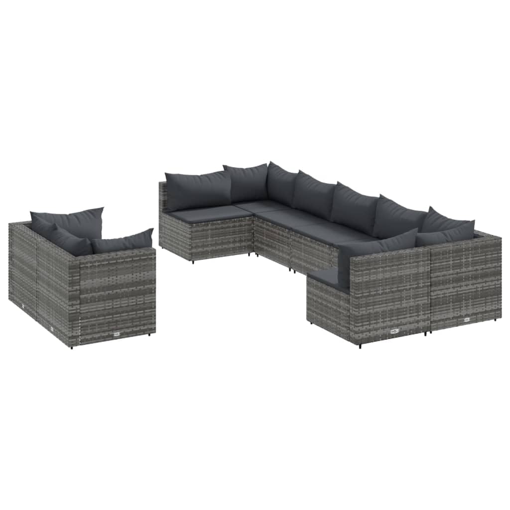 Set di divani da giardino da 9 pezzi con cuscino, grigio, in polyrattan, set modulare per esterni per terrazza e balcone, resistente ai raggi UV