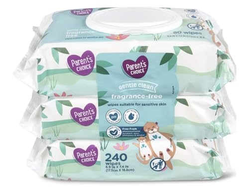 Image of Parent's Choice Gentle Clean Fragrance-free Unscented No Scent Baby Wet Wipes Suitable for Sensitive Skin Infused with Vitamin E and Aloe, 240 Count (Value Pack Includes 3 80-Count Packages) - 1 Pack