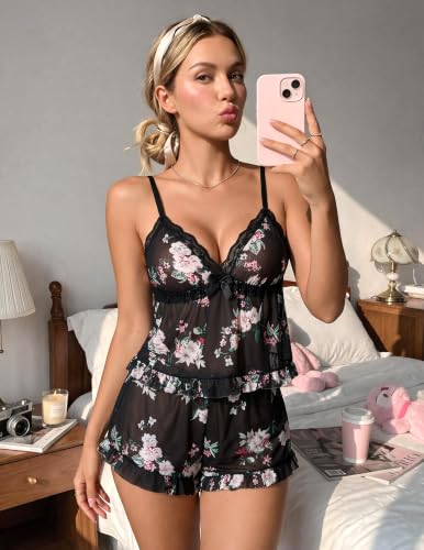 Image of Avidlove Sexy Pajama Lingerie Set for Women Sheer Mesh Cami Shorts