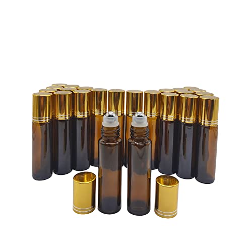24 Pack Essential Oil Roller Bottles, 10ml Amber Glass Roll-on Bottles with Stainless Steel Roller Balls and Gold Cap2