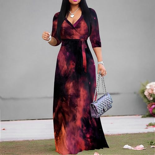 Image of PinkPatty Women's Print Maxi Dresses 3 /4 Sleeve Flowy Long Dress V Neck Wrap Tie Waist Sundress