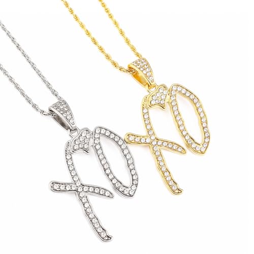 Charunee Hip Hop XO Necklace 2PCS, XO Chain for Men and Women, Fashionable Cubic Zirconia Letter Pendant Necklace for Rock Rapper Be Used as Gift Jewelry