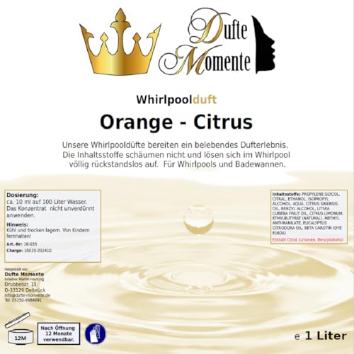 Dufte Momente | Whirlpool Duft 1000ml | Orange - Citrus | mit naturreinen und natürlichen ätherischen Ölen | kein Schaum | vegan und ohne Tierversuche