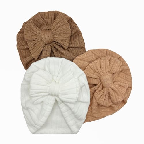 Image of ZURLEFY 3 Pack Velvet Baby Turban Hats with Bow, Stretchy Baby Head Cover Beanies for Newborn, Toddler, Infant Head Wraps
