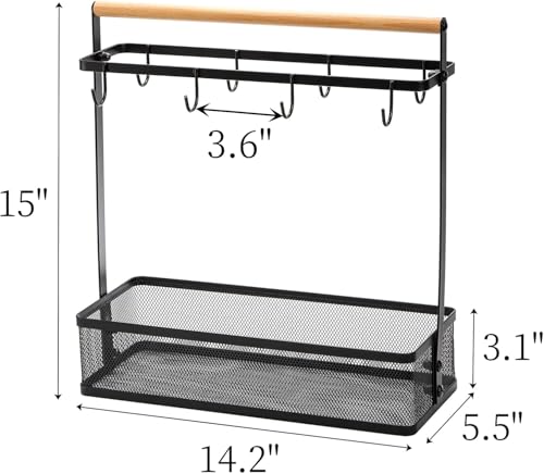 Image of Hiceeden Coffee Cup Holder with Storage Basket, Coffee Mug Tree Rack with Handle, Cup Stand Coffees Station Bar Organizer for Countertop, Holds 8 Cups (Black)