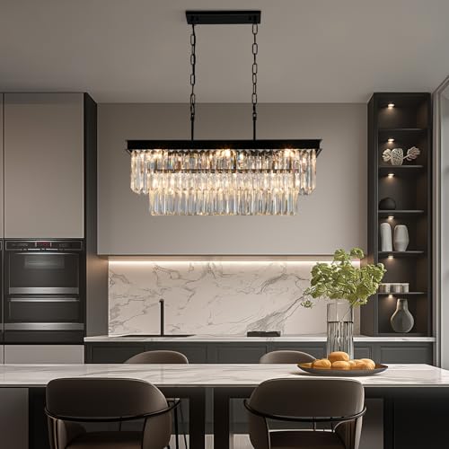 Weesalife Black Crystal Chandeliers for Dining Room Light Fixtures Over Table，9-Lights Modern Rectangle Chandeliers for Kitchen Island Bar L28 Inch by Weesalife - Image 4