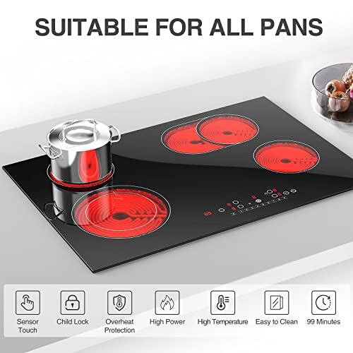 Electric Cooktop 30 Inch 4 Burners, 220V Electric Stove Top Built-In, Anhane 7200W Electric Ceramic Cooktop, 9 Heating Levels, Timer & Kid Safety Lock, Suitable For All Cookware, Without Plug #TOP1