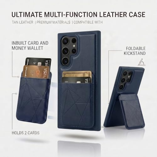Image of amazon basics Premium Vegan Leather Back Cover with Card Holder and Integrated Mobile Stand for Samsung Galaxy S23 Ultra 5G - Slim Shockproof Wallet Case with Geometric Stitching [Blue]