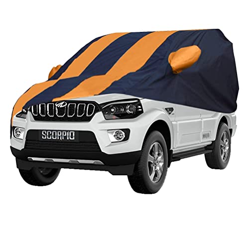 Image of Allextreme MSZ5003 Car Body Cover Compatible with Mahindra Scorpio Custom Fit Dustproof UV Heat Resistant Indoor Outdoor Body Protection (Navy Blue & Orange with Mirror)